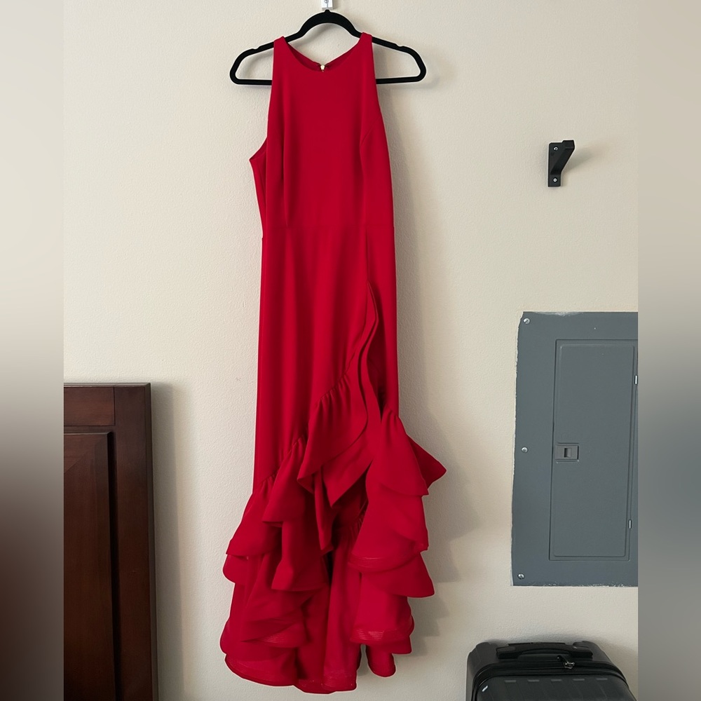 BETSY & ADAM - Tiered Ruffles Scuba Crepe Gown Ruffle Halter Crepe Gown